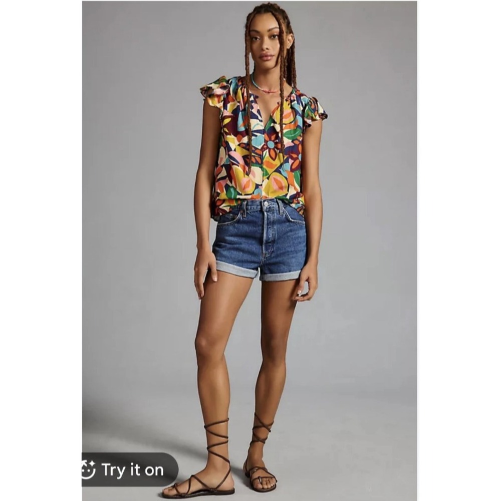 Velvet by Graham & Spencer Women's M Multicolor Floral V-Neck Ruffle Blouse Boho